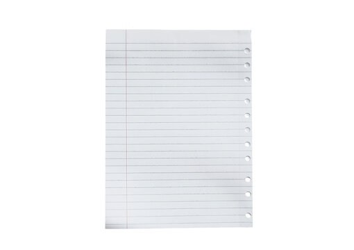 Single sheet of ripped or torn lined notebook paper with a hole punched edge isolated on transparent white background