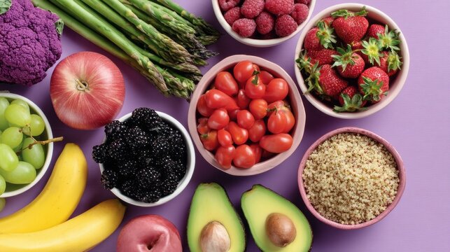 A vibrant display of fresh produce showcases bright fruits and vegetables on a purple surface, including strawberries, tomatoes, and avocados, perfect for healthy eating