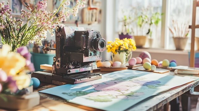 Printing press in a bright spring themed studio producing Easter cards with pastel colors and bunny motifs surrounded by flowers and eggs for a festive Easter feel