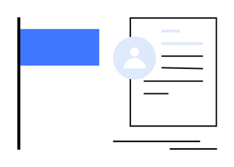 Blue flag and user profile document with lines symbolizing text. Ideal for identity, profile management, navigation, data organization, personalization, notifications, simple flat metaphor