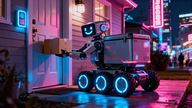 Robot delivering a package at night in a neon-lit urban environment  