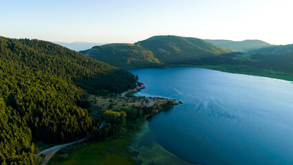 Bolu, Turkey. Abant - Large freshwater lake surrounded by mountains and forest with picturesque views. Sunset time, Aerial View