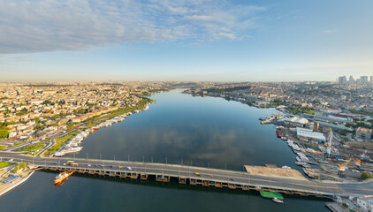 Istanbul, Turkey. Golden Horn estuary from above, aerial view of Ataturk Bridge with Galata Bridge, European part cityscape. Aerial view