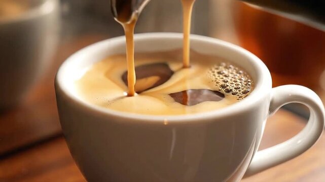 Two streams of fresh espresso coffee pouring into a white cup.