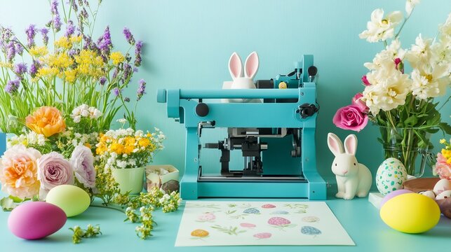 Printing press in a bright spring themed studio producing Easter cards with pastel colors and bunny motifs surrounded by flowers and eggs for a festive Easter feel