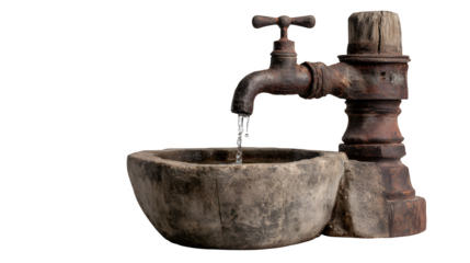 A traditional village water pump with a weathered wooden handle, its iron spout dripping into a stone basin below, isolated on a Transparent background