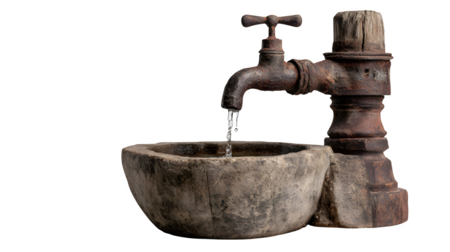 A traditional village water pump with a weathered wooden handle, its iron spout dripping into a stone basin below, isolated on a Transparent background