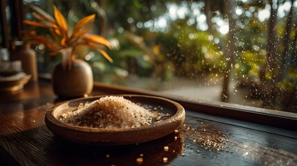 Rustic Bowl of Sea Salt on Wooden Table by Scenic Window View