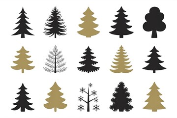 Obraz premium Christmas Tree Silhouettes Collection Vector Art Design for Holiday Cards and Decorations Winter Seasonal Graphics Elements in Black and Gold Colors