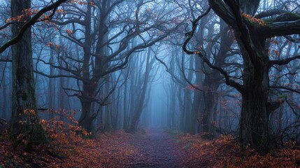 A quiet forest path is lined by tall bare trees shrouded in thick fog. The ground is covered with fallen autumn leaves creating a serene and mysterious atmosphere.