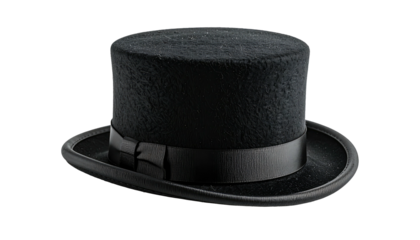 Black felt top hat, angled, with a dark ribbon band