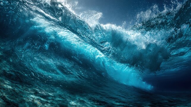 In a vibrant scene powerful ocean waves rise dramatically illuminated by sunlight showcasing the beauty and force of nature at the shoreline.