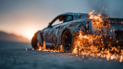 A striking image of a car emitting sparks and flames, set against a dramatic sunset backdrop, showcasing raw power and adventure.