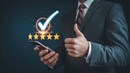 Business professional shows approval with a thumbs up gesture while holding a mobile device displaying a five-star rating and confirmation symbol