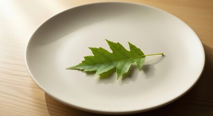 Elegant green leaf on plate evokes mindful eating and sustainable living