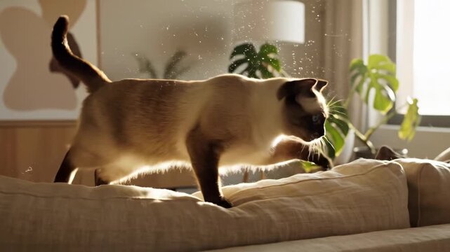 Playful Siamese cat exploring a sunlit living room with greenery