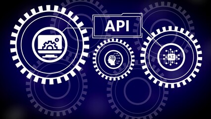 API concept with interconnected gears and icons representing computer AI brain and circuit board on blue background