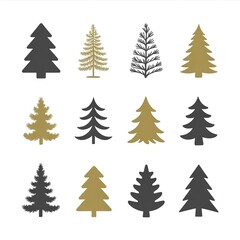 Obraz premium Christmas Tree Collection Vector Illustration Set Holiday Design Elements Winter Season Pine Trees Gold and Black Colors Festive Decorations