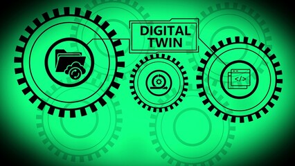 Digital Twin concept with interconnected black gears and icons for data cloud coding and agile methodology on a green background