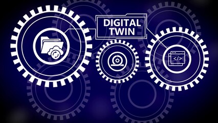 Digital Twin concept with interconnected gears and icons for data cloud coding and agile methodology on a dark blue background
