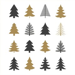 Obraz premium Christmas Tree Vector Collection Black Gold Design Elements Holiday Seasonal Illustrations Festive Decorations Winter iconography