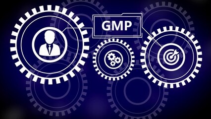 GMP concept with interconnected gears and icons for person target and smaller gears on dark blue background