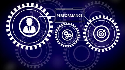 Performance concept with interconnected gears and icons for person cogwheels and target on a dark blue background