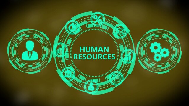 Human Resources Concept with Icons and Text on a Dark Background Keywords: human resources, HR, business, concept, icons, technology, management, organization, employees, recruitment, hiring
