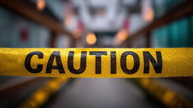 A close-up of a yellow caution tape in a blurred corridor, indicating a warning or restricted area, with raindrops adding texture to the tape.