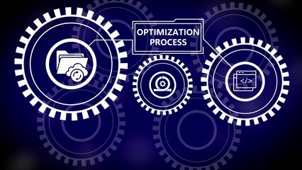 White Optimization Process Gears with Cloud Folder and Code Icons on Dark Blue Background cogwheels system