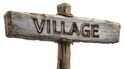 A traditional village street sign with the village name, mounted on a wooden post, weathered and charming, isolated on a Transparent background