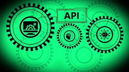 Green API concept with interconnected gears and icons representing technology and AI on a green background