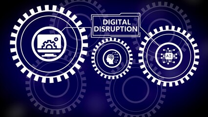 White digital disruption concept with interconnected gears and icons representing technology and AI on a dark blue background