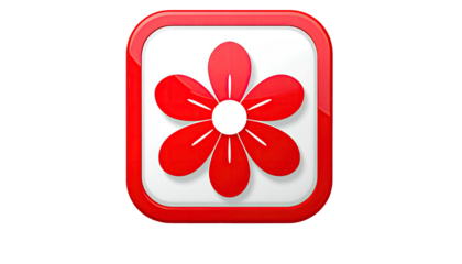 Red flower icon, five petals in square frame
