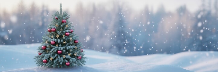 Christmas Tree Winter Wonderland Snowy Landscape Holiday Decorations Festive Scenery Outdoor Celebration Seasonal Celebrations Red Ornaments Gold Stars Snowflakes