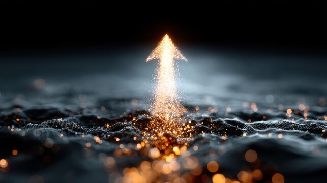 A glowing arrow ascends above a dark, textured surface, surrounded by shimmering particles, evoking a sense of movement and energy.