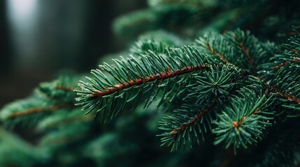 Fine details of evergreen tree branches display lush green needles against a blurred forest background. Soft light enhances the serene atmosphere and highlights nature's beauty.