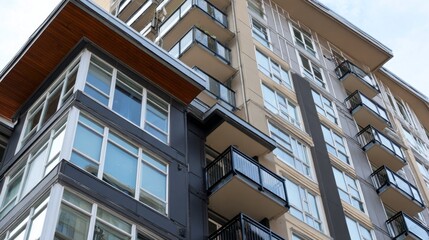 This stunning apartment building showcases contemporary architecture with large glass windows and stylish balconies. The sunlit structure stands proudly in an active city landscape