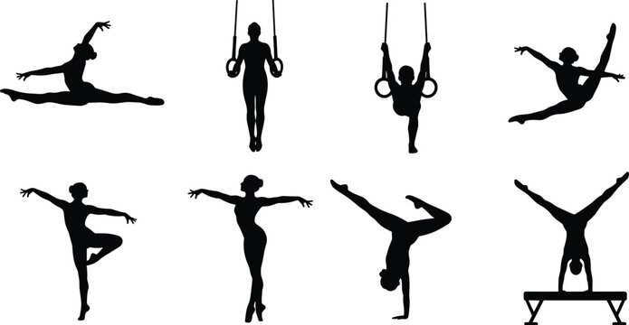 Gymnastics athlete silhouette set performing artistic gymnastics poses, dance movements, balance beam skills, rings exercises, flexibility and acrobatic sports illustration