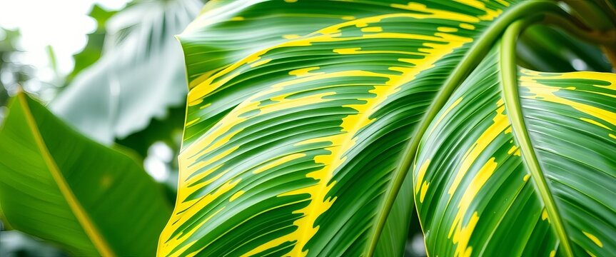 Large vibrant green and yellow variegated banana leaf, tropical foliage, flora, vegetation
