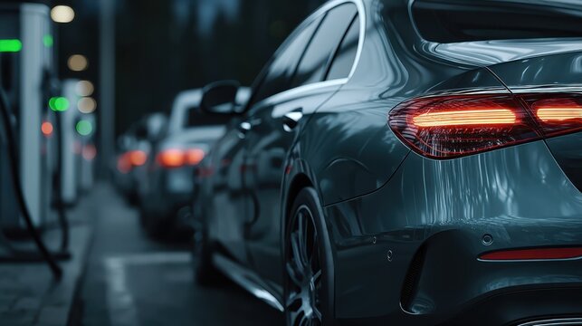 A sleek, modern car is parked near electric charging stations, showcasing a contemporary urban setting at dusk. - Powered by Adobe