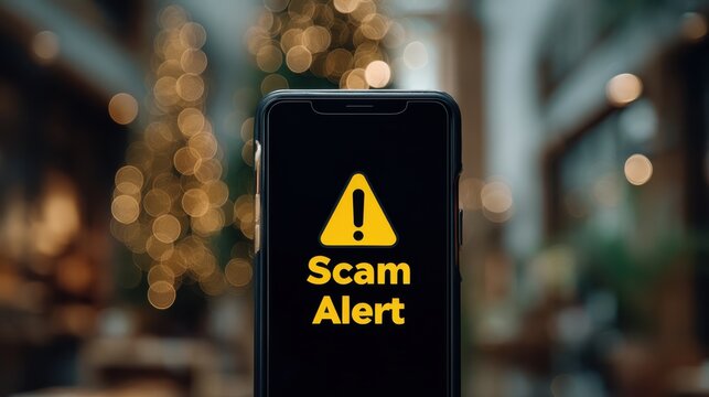 A smartphone displays a "Scam Alert" warning against a blurred festive background, highlighting the importance of digital safety during the holiday season.