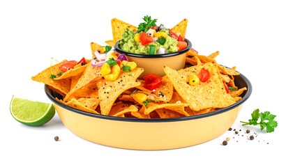 Close-up of loaded tortilla chips with guacamole, lime wedge, and spices