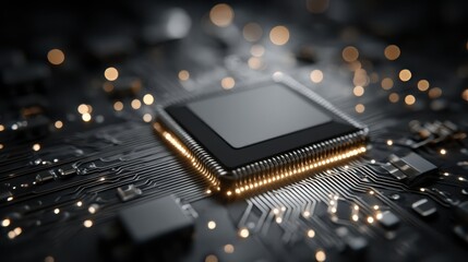 A close-up view of a microchip on a circuit board, with glowing lights and intricate connections highlighting modern technology.