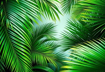 Obraz premium Intricate frame of lush green palm leaves, tropical backdrop, image, shadow