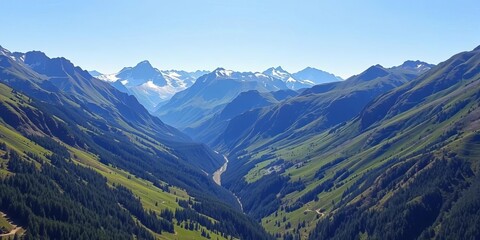 Fototapeta premium Majestic mountain range with lush green valley and clear blue sky, vista, travel