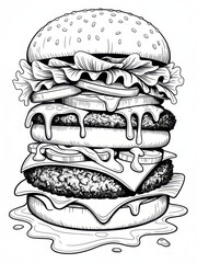 Detailed line art of a towering burger with dripping sauce and fresh ingredients on a white backdrop