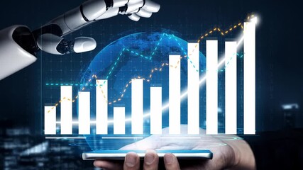 A futuristic scene showcasing a robotic arm analyzing data trends on a smartphone display, with graphic indicators highlighting market growth and technology in business. Copula - Powered by Adobe