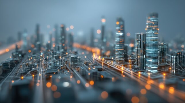 A futuristic cityscape at dusk, featuring illuminated skyscrapers and dynamic light trails, creating a vibrant urban atmosphere.