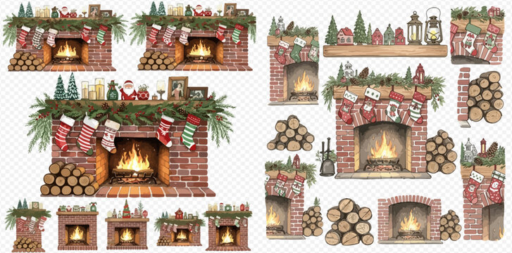 Watercolor Christmas fireplace illustrations with festive decorations, stockings, garlands, and firewood stacks, perfect for holiday designs.